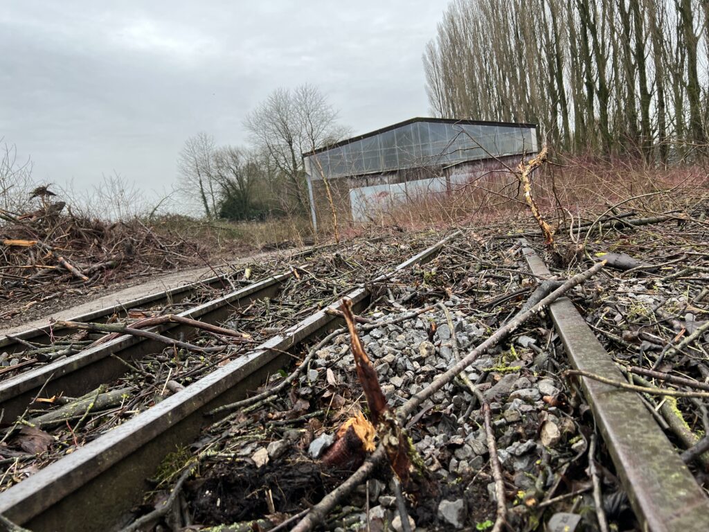 Alte Gleise führen in eine Lagerhalle der Ziegelei