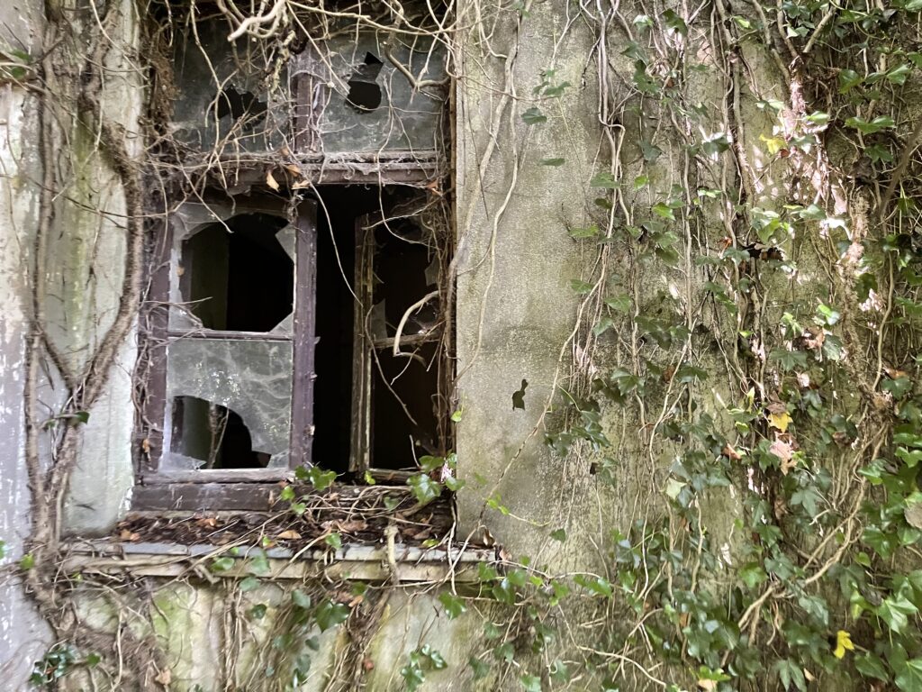 Ein kaputtes Fenster der verlassenen Villa Muhr