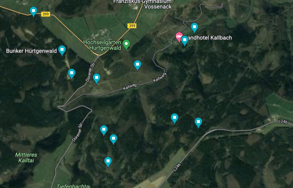 Mit blauen Stecknadeln markiert sind die Positionen der verlassenen Bunker im Buhlert in der Eifel