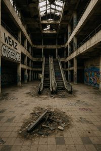 Kaputte Rolltreppen und Graffiti im verlassenen Möbelhaus bei Dresden in Klipphausen